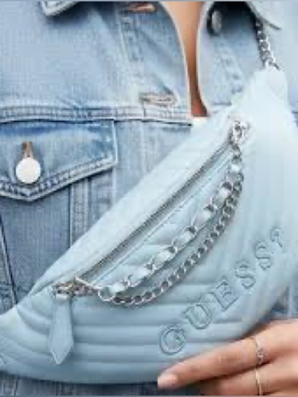 ⭐️3/$20⭐️Guess Quilted Pale Blue Crossbody Belt Bag with Silver Chain